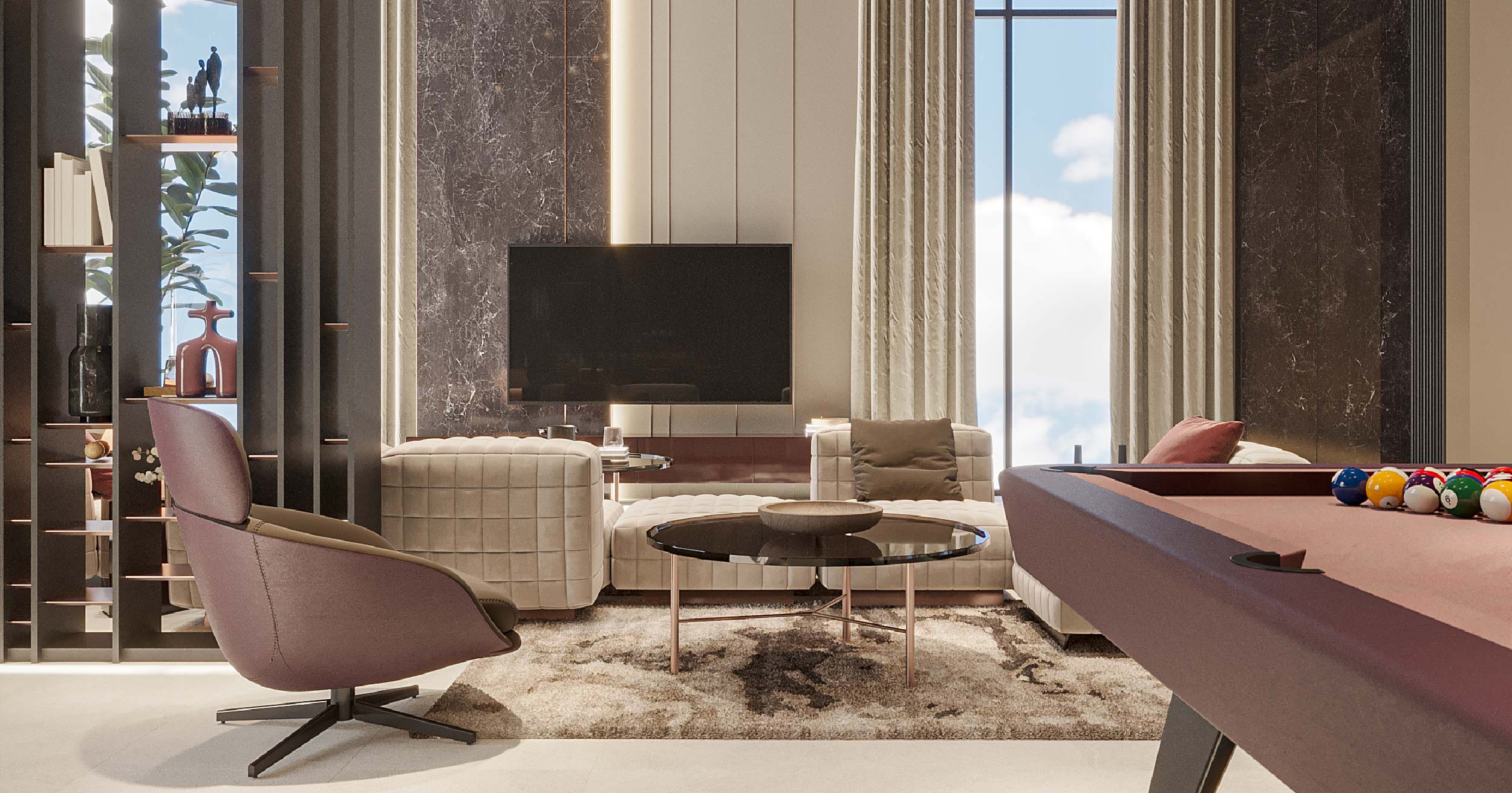 Luxor By Imtiaz Modern living room featuring a pool table, stylish armchair, plush sofa, and large window with natural light.